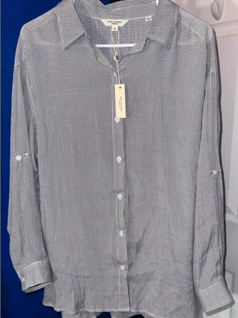 Max Studio Navy and White Microcheck Button-Down Tunic